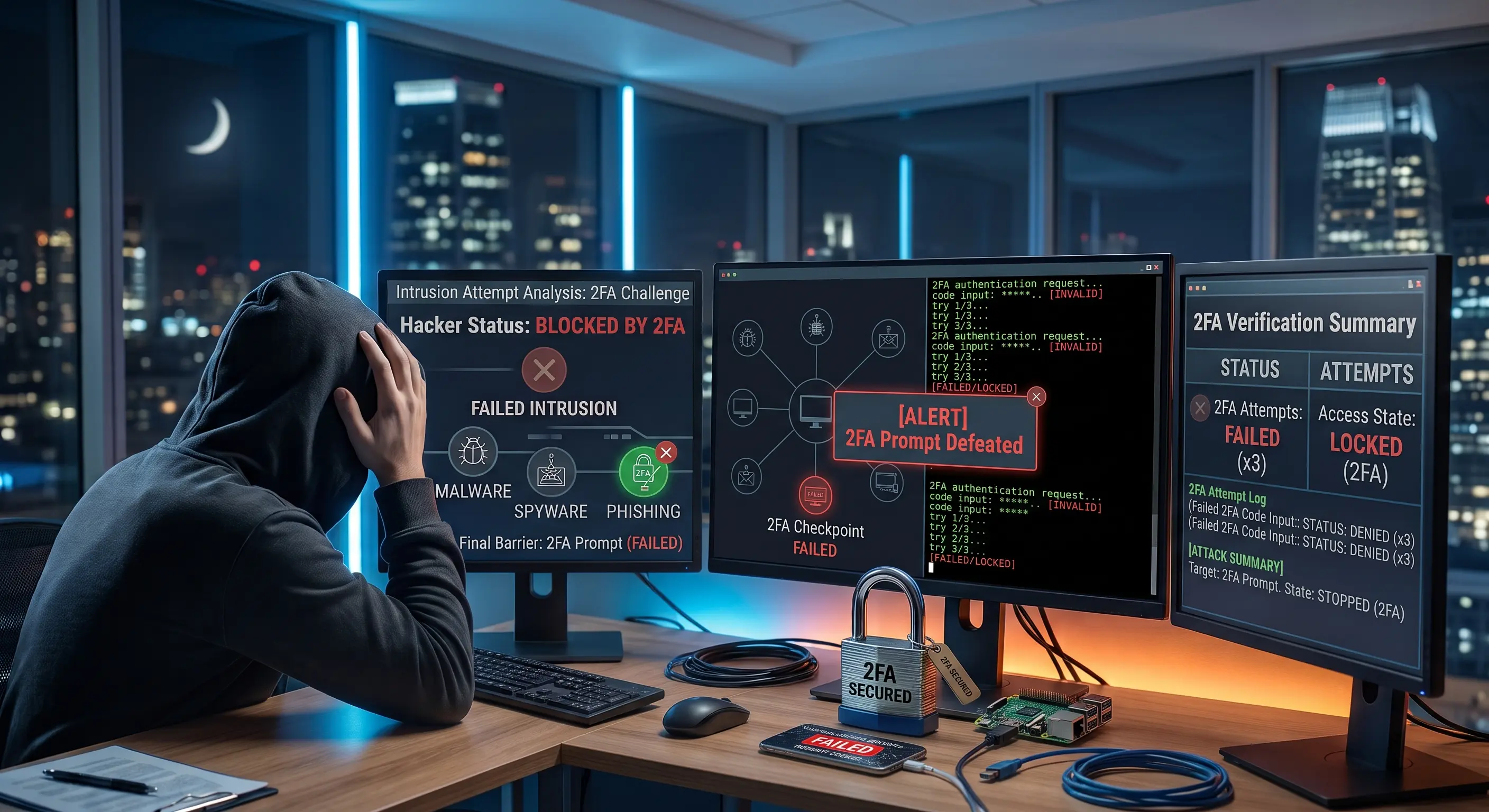 Diagrama mostrando un candado y un teléfono celular bloqueando a un hacker
