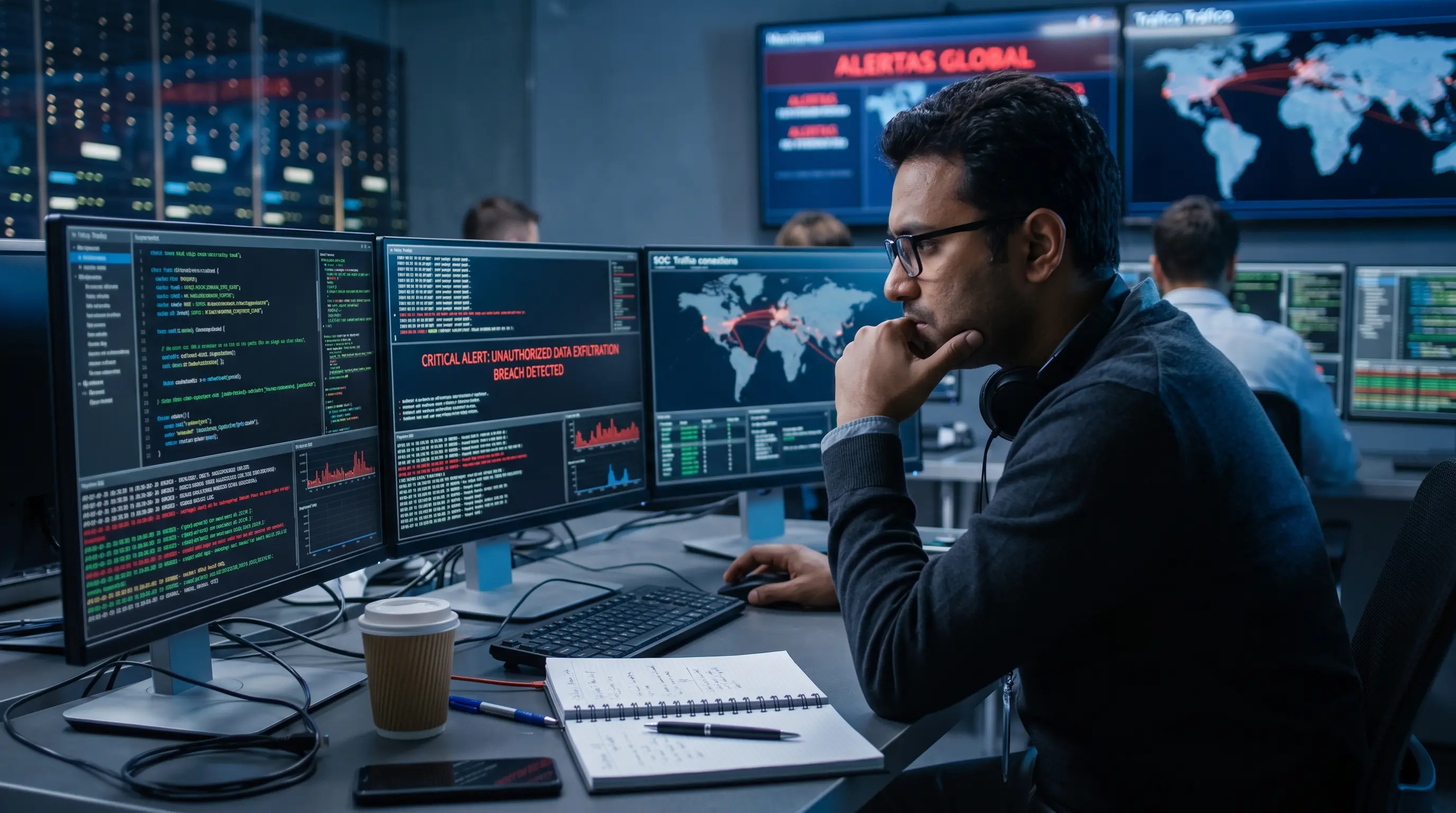 Analista de ciberseguridad revisando logs de red tras una brecha de datos