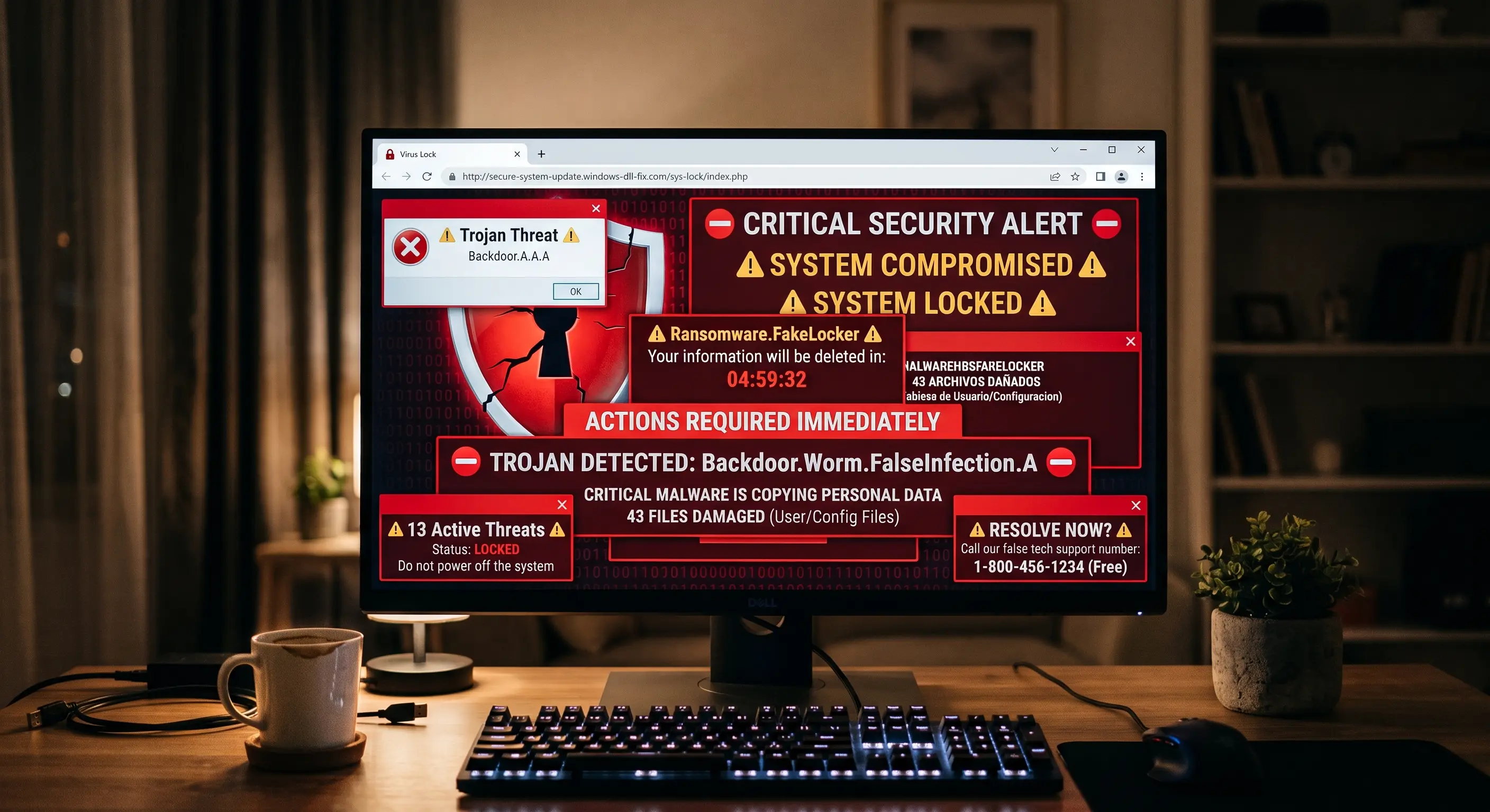 Pantalla de computadora bloqueada con falsas alertas rojas de virus
