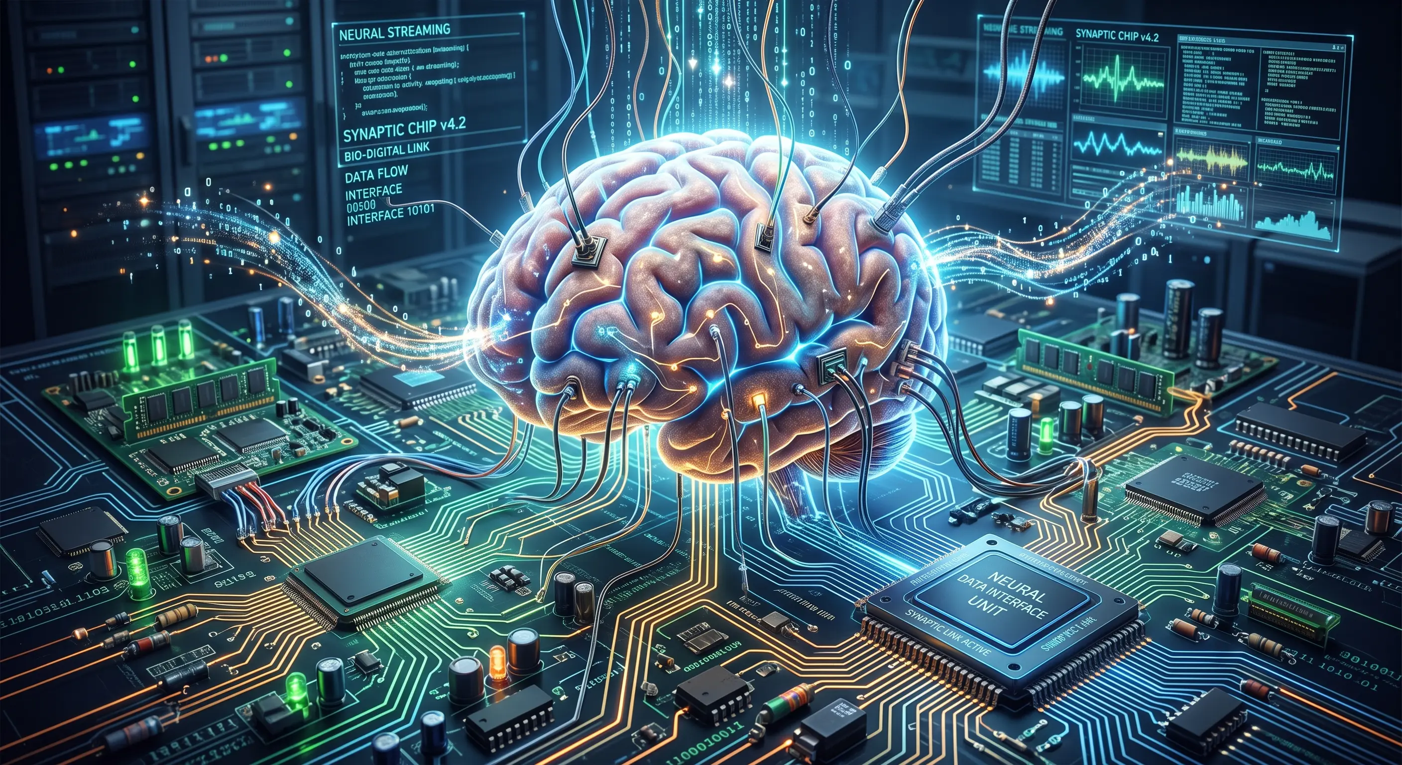 Ilustración de un cerebro humano conectado a circuitos digitales