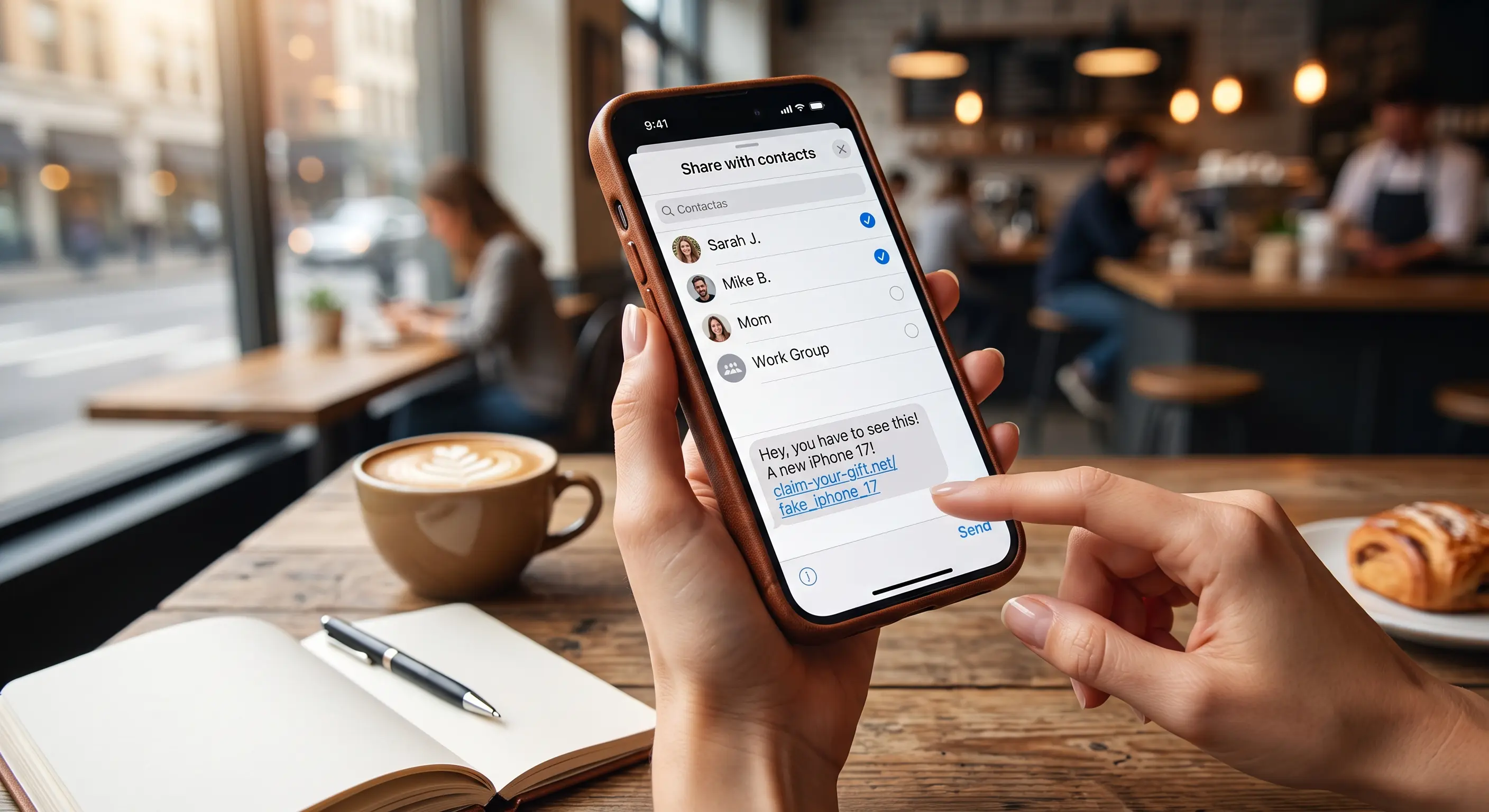 Persona compartiendo enlaces compulsivamente en su teléfono
