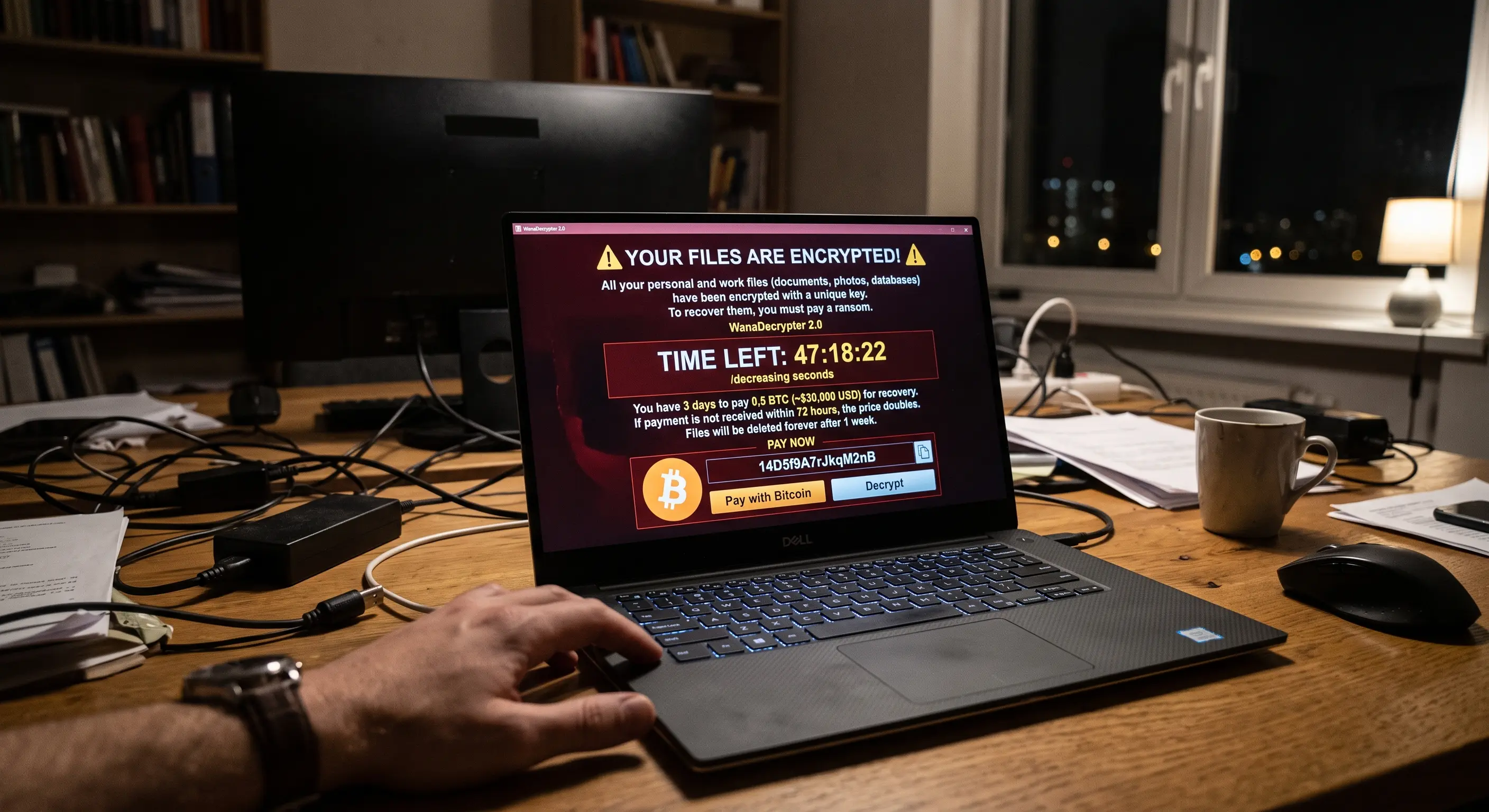 Ejemplo de pantalla de computadora bloqueada por Ransomware exigiendo pago en Bitcoin