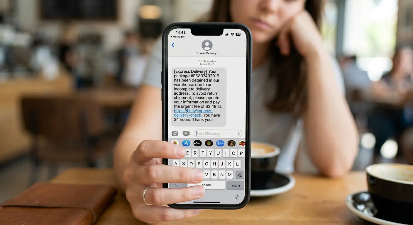 Pantalla de celular mostrando un SMS falso de paquetería